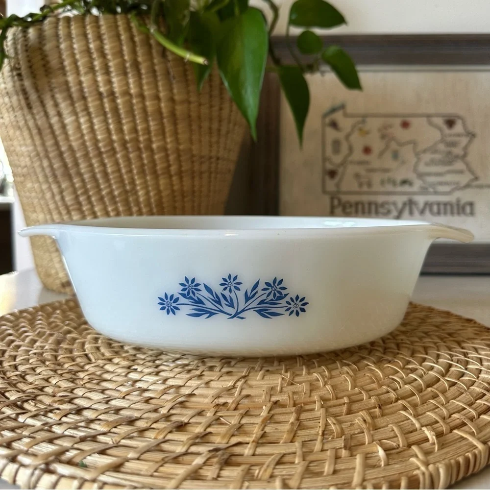 Vintage Anchor Hocking Blue Cornflower Milk Glass Casserole Dish